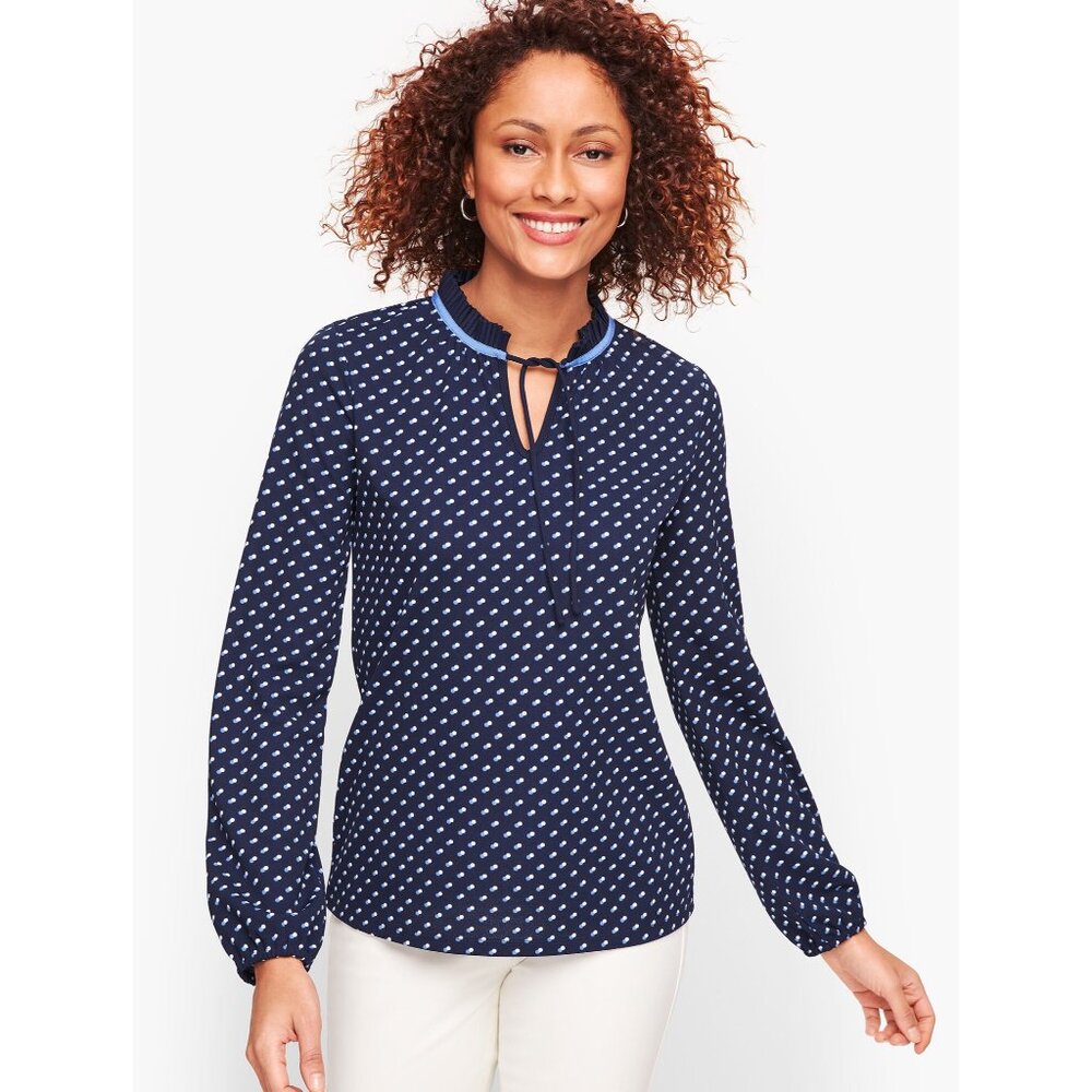 Talbots Pleated Tie Neck Long Sleeve Top in Blue Size S